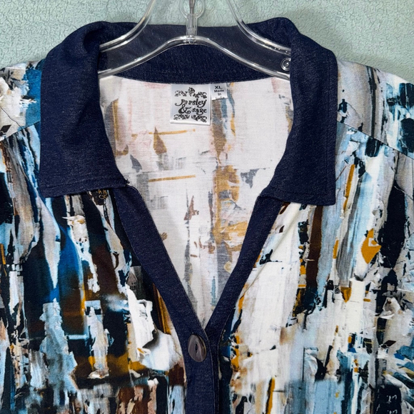 Women's Parsley & Sage Button Down Tunic Shirt XL Blue Brown Abstract Artsy - Picture 3 of 11